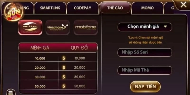 Nạp tiền dễ dàng tại sun win
